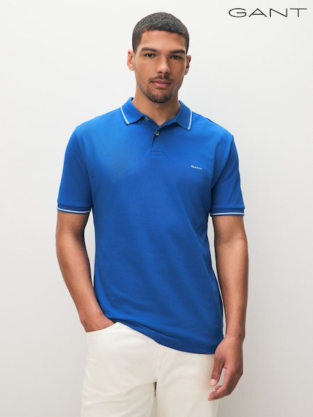 GANT Blue Tipped Collar Pique 100% Cotton Polo Shirt (F14464) | £70