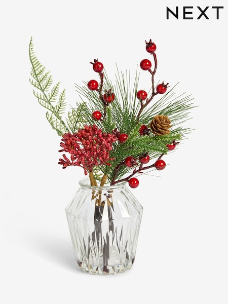 Red Winter Berry Artificial Bouquet and Glass Vase (F14540) | £12