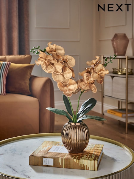 Gold Artificial Orchid Ribbed Vase (F14548) | £38