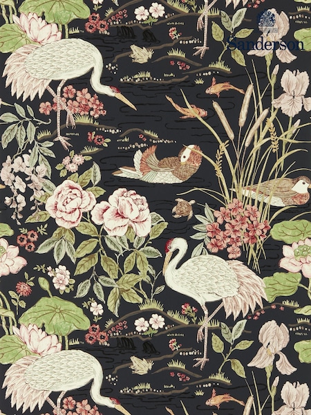 Sanderson Ink Black Multi Crane Frog Wallpaper Sample (F14644) | £1
