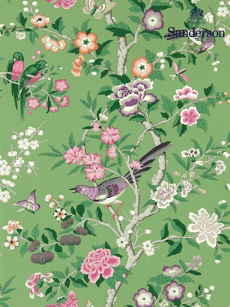 Sanderson Chinese Green Lotus Pink Chinoiserie Hall Wallpaper Sample (F14657) | £1