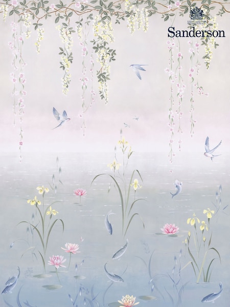 Sanderson Soft Jade Pink Blossom Green Water Garden Wallpaper Sample (F14666) | £1