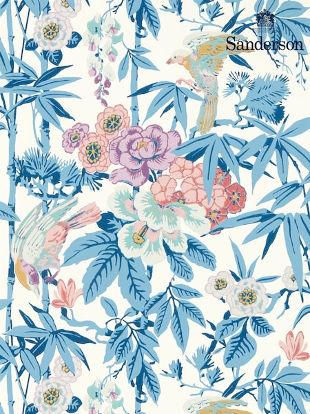 Sanderson China Blue Lotus Pink Bamboo Birds Wallpaper Sample (F14668) | £1