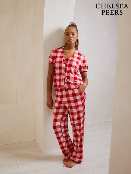 Chelsea Peers Red Gingham Heart Print Long Pyjama Set (F14692) | £45
