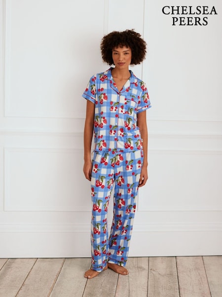 Chelsea Peers Blue Berries & Gingham Print Frill Short Pyjamas Set (F14693) | £28