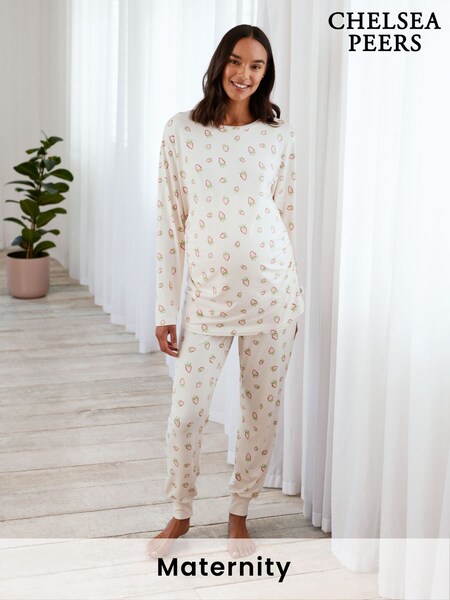 Chelsea Peers White Maternity Strawberry Print Long Pyjamas Set (F14723) | £38