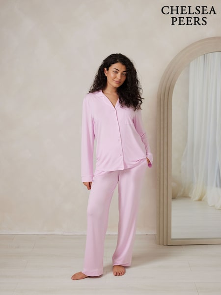 Chelsea Peers Pink TENCEL™ Modal Long Button Up Pyjamas Set (F14769) | £55