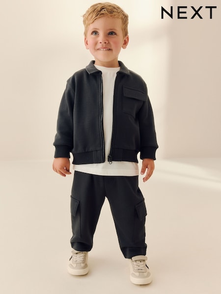 Charcoal Grey Zip Thru Bomber, T-Shirt And Joggers Set (3mths-7yrs) (F14870) | £24 - £30