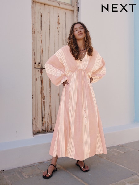 Pink/White Maxi Long Sleeve Kaftan Cover-Up (F14924) | £49