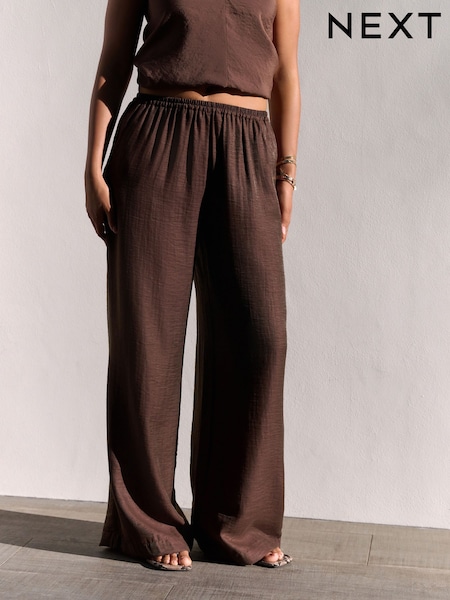 Chocolate Brown Textured Wide Leg Pull On Trousers (F14960) | £30