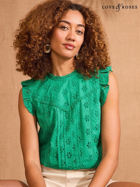 Love & Roses Green Broderie Crew Neck Shell Top (F15165) | £36