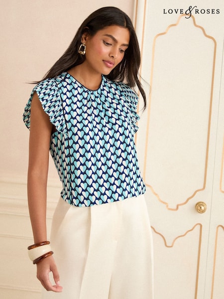 Love & Roses Blue Heart Flutter Sleeve Top (F15176) | £38