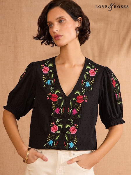 Love & Roses Black Cotton Dobby Puff Sleeve Embroidered Blouse (F15185) | £39