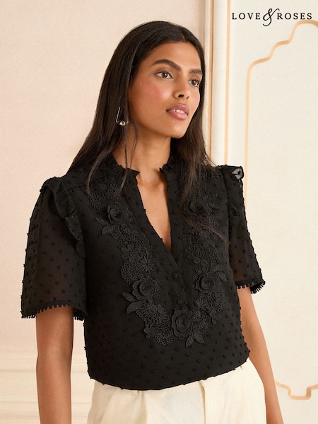 Love & Roses Black Short Sleeve V-Neck Dobby Blouse (F15216) | £39