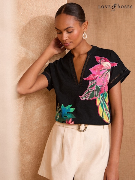 Love & Roses Black Floral Sequin Trim V-Neck Jersey T-Shirt (F15229) | £29
