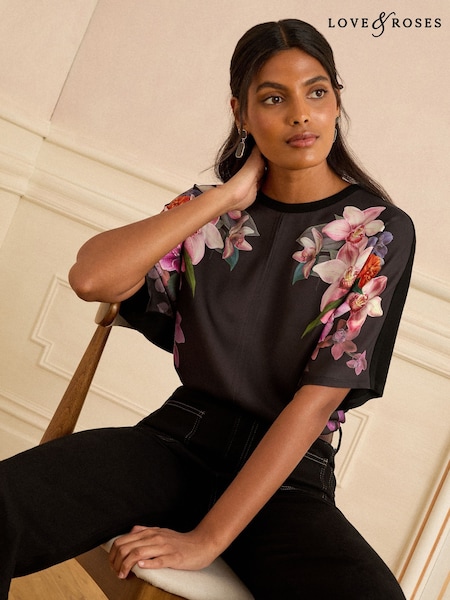 Love & Roses Black Floral Satin Front Top (F15237) | £32