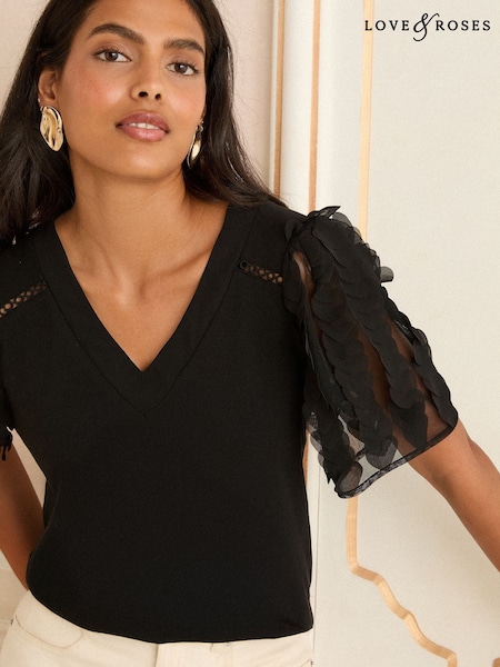 Love & Roses Black Mesh Heart Print Sleeve T-Shirt (F15243) | £28