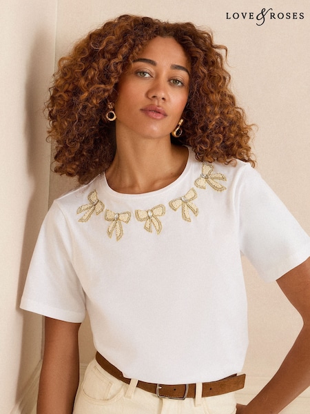 Love & Roses Ivory Embellished Bows Crew Neck T-Shirt (F15255) | £28