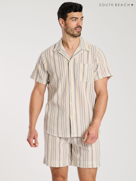 South Beach Blue 100% Cotton Jacquard Short Sleeve Shirt (F15405) | £39