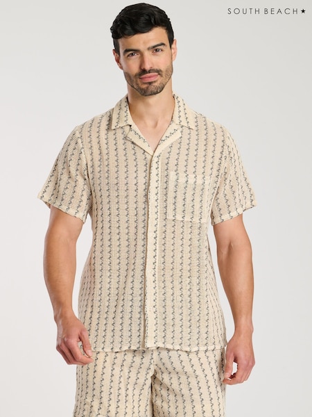 South Beach Monochrome Crochet Stripe Short Sleeve 100% Cotton Shirt (F15407) | £40