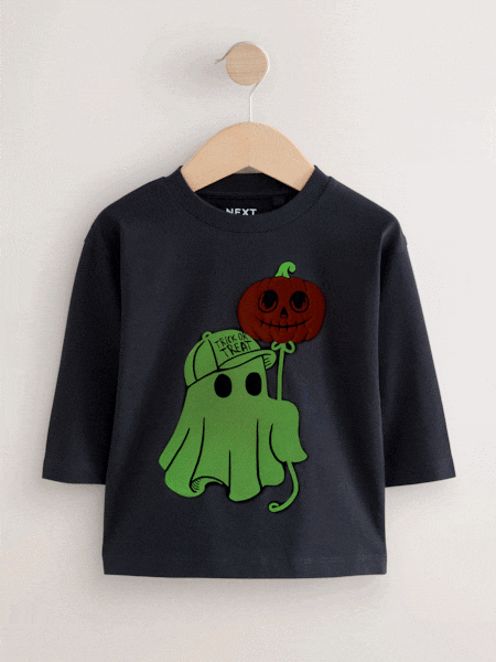 Black Glow in the Dark Ghost Halloween Long Sleeve Graphic Print T-Shirt (3mths-7yrs) (F15475) | £0