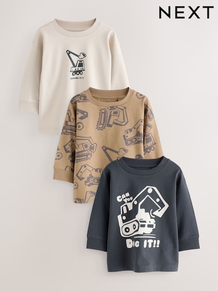 Black/Brown Digger Long Sleeve Graphic Print T-Shirts 3 Pack (3mths-7yrs) (F15510) | £16 - £20