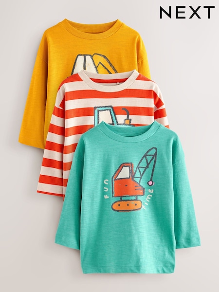 Multi Digger Long Sleeve Graphic Print T-Shirts 3 Pack (3mths-7yrs) (F15512) | £16 - £20