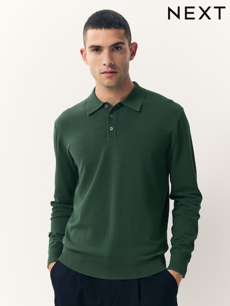 Dark Green Regular Fit Cotton Rich Long Sleeve Knitted Polo Shirt (F15547) | £30