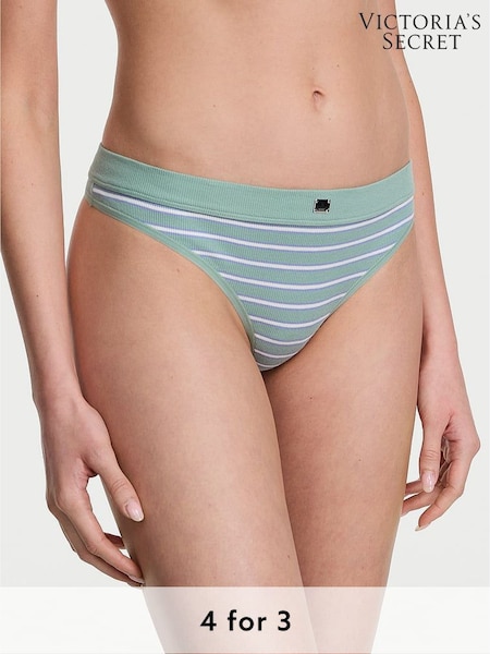 Victoria's Secret Seasalt Green Stripe Thong Cotton Rib Logo Knickers (F15599) | £9