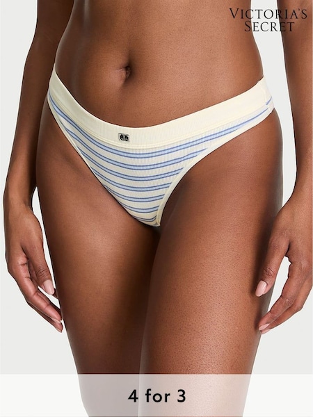 Victoria's Secret Cream Stripe Nude Thong Cotton Rib Logo Knickers (F15677) | £9