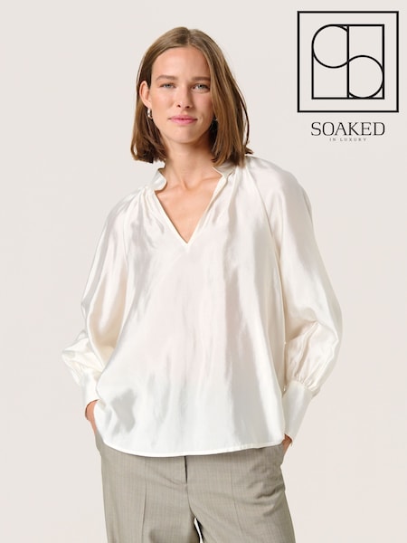 Soaked in Luxury Karolina Satin V-Notch Neck White Blouse (F15866) | £80