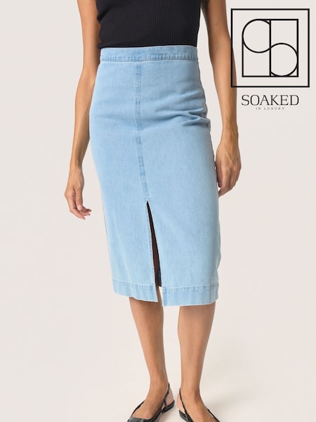 Soaked in Luxury Blue Annabeth Denim Below Knee Pencil 100% Cotton Skirt (F15885) | £75