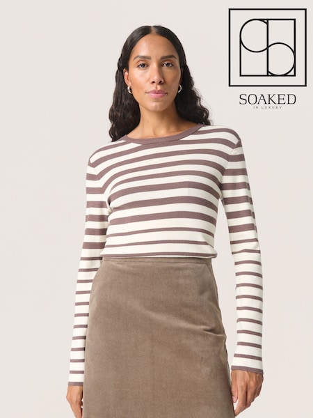 Soaked in Luxury Spina Crew Neck Striped Brown Pullover Jumper (F15892) | £60