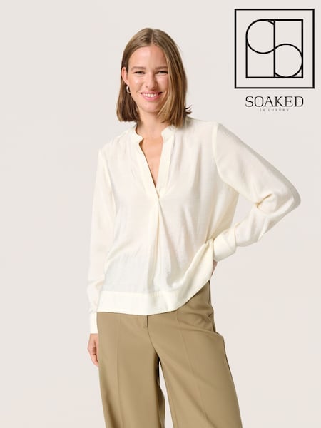 Soaked in Luxury Luxury Leodora V-Notch Neck Satin White Blouse (F15894) | £60