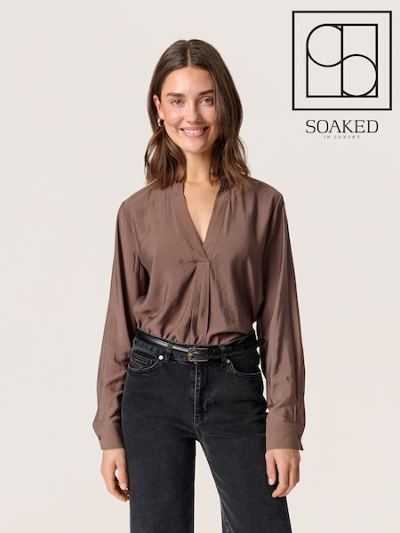 Soaked in Luxury Leodora V-Notch Neck Satin Brown Blouse (F15895) | £60