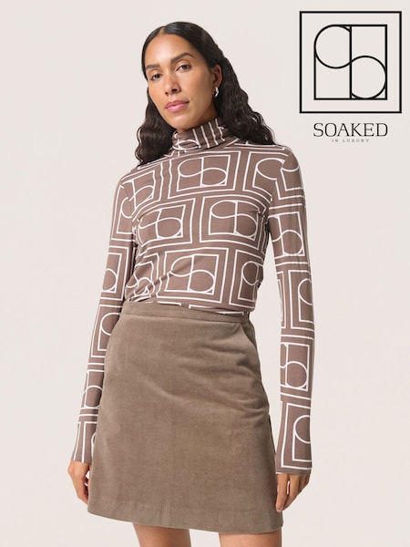 Soaked in Luxury Hanadi Printed Rollneck Brown T-Shirt (F15903) | £40