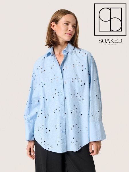Soaked in Luxury Blue Iva Eyelet Lace Loose Fit 100% Cotton Shirt (F15911) | £90