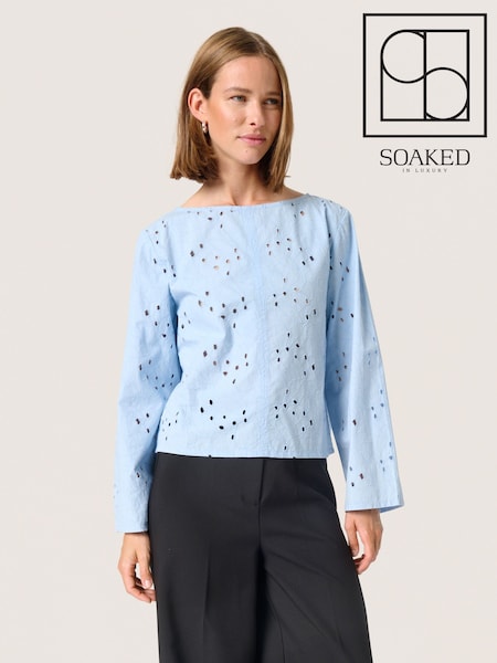 Soaked in Luxury Blue Iva Eyelet Lace Boat Neck 100% Cotton Blouse (F15915) | £75