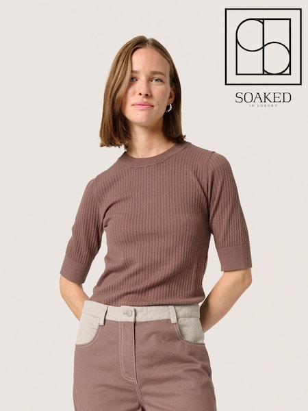 Soaked in Luxury Spina Short Sleeve Rib Knit Brown Pullover Jumper (F15923) | £50