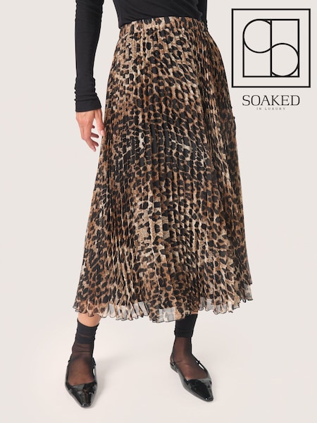 Soaked in Luxury Zakira Leopard Print Plisse High Waist Brown Maxi Skirt (F15925) | £90