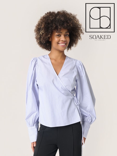 Soaked in Luxury Blue Oriana V-Neck Long Sleeves Wrap 100% Cotton Blouse (F15929) | £90