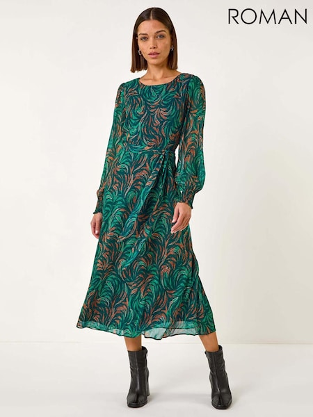 Roman Blue Abstract Print Shirred Cuff Midi Dress (F15984) | £58