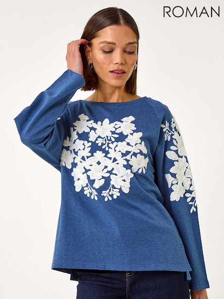 Roman Blue Floral Appliqué Detail Stretch 100% Cotton Top (F15990) | £42