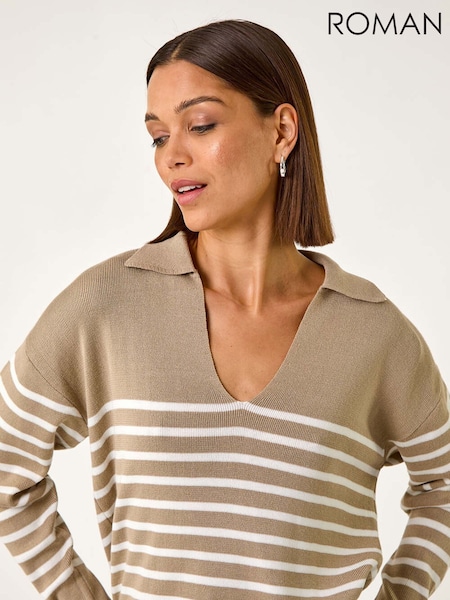 Roman Natural Horizontal Stripe Collared Knit Jumper (F16000) | £48