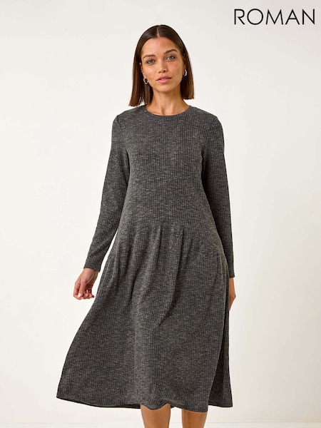 Roman Grey Ribbed Drop Waist Stretch Midi Dress (F16007) | £50