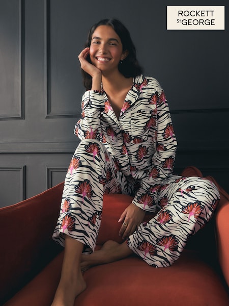 Rockett St George Black/White Viscose Feathers Button Through Pyjamas (F16598) | £68
