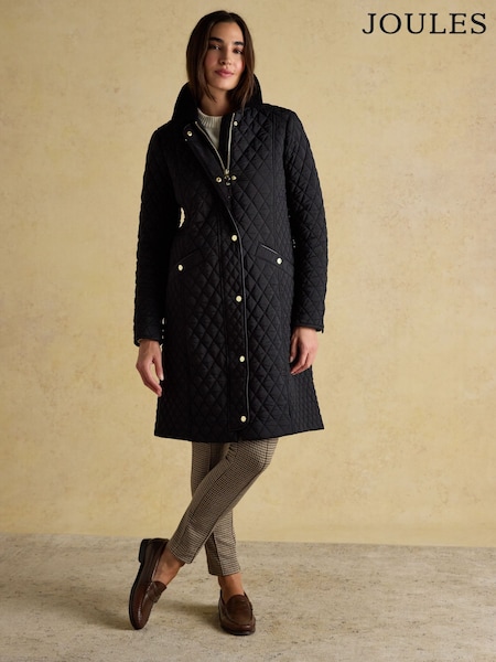 Rosewell Black Longline Diamond Quilted Showerproof Coat (F16603) | £139