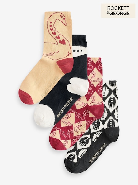 Rockett St George Black/Red 4 Pack Swan Socks (F16624) | £14