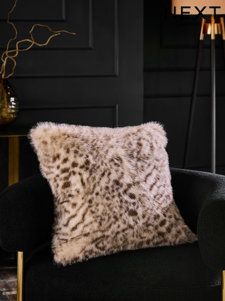 Grey 50 x 50cm Snow Leopard Print Faux Fur Cushion (F16644) | £20