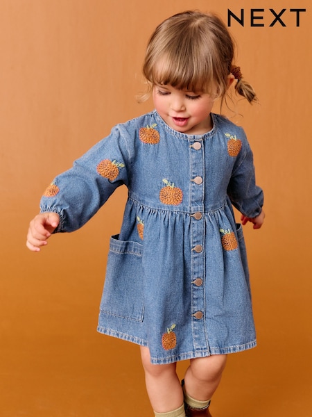 Denim Pumpkin Embroidered Long Sleeve Dress (3mths-8yrs) (F16716) | £18 - £24